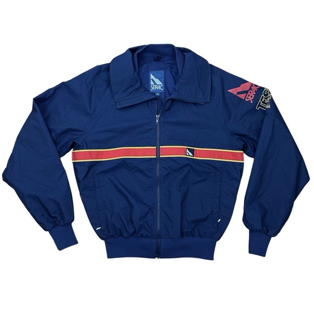 Vintage Blue SERAC Bomber Spring Skiing Jacket with‎ Red and Yellow Stripes